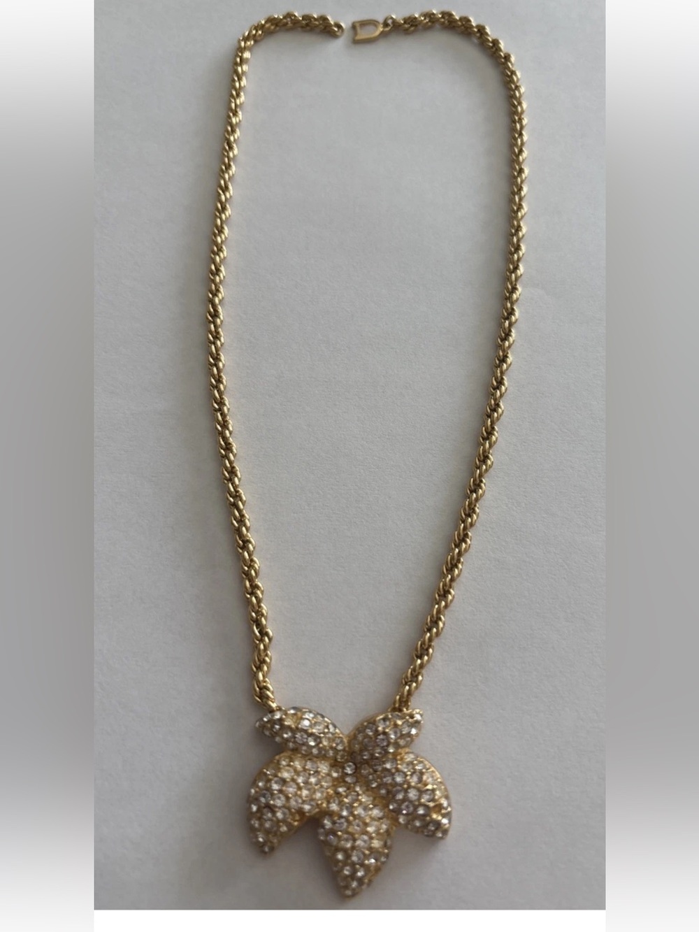 Vintage Christian Dior Signed Gold Crystal Pave leaf Pendant Necklace - Women